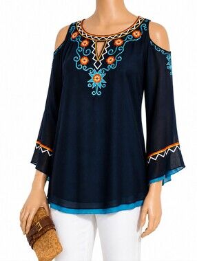 Tunique Boho Style Cold-Shoulder Cutouts Embroidered Tunic Top M